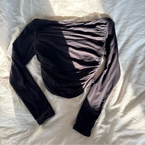 Black ruched boat neck cropped long sleeve
